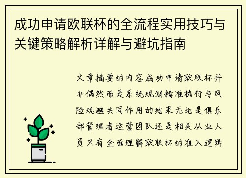 成功申请欧联杯的全流程实用技巧与关键策略解析详解与避坑指南 成功申请欧联杯的全流程实用技巧与关键策略解析详解与避坑指南